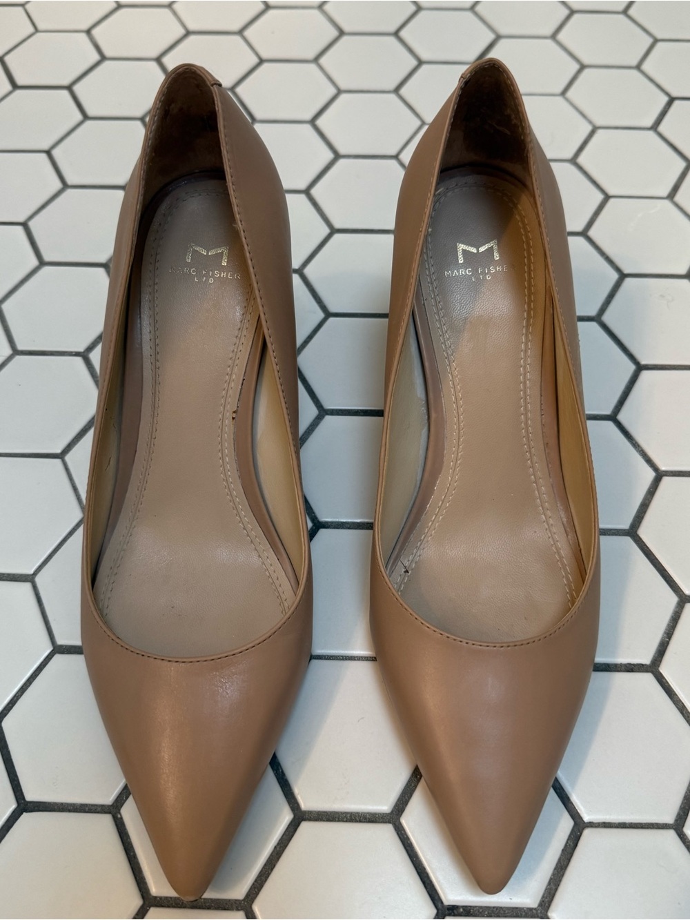 Nude Leather Pumps with Pointed Toe and Block Heel